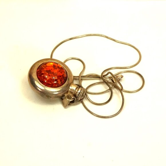 Rare PERFUME BOTTLE PENDANT With 23" Chain, Amber Set In 925 Silver, Rare Gift - Picture 3 of 11